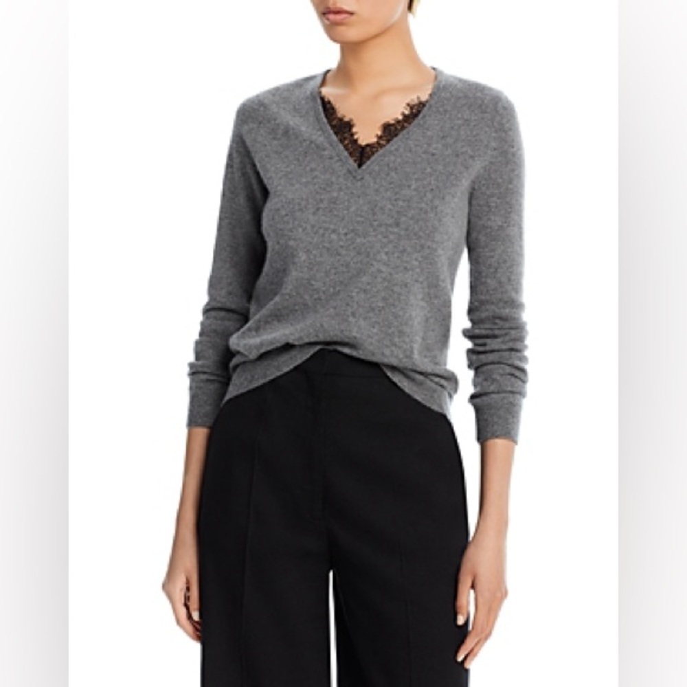 Bloomingdale’s 100% Cashmere Gray V-Neck Lace Trim Sweater Xl Nwt — image 3 of 8
